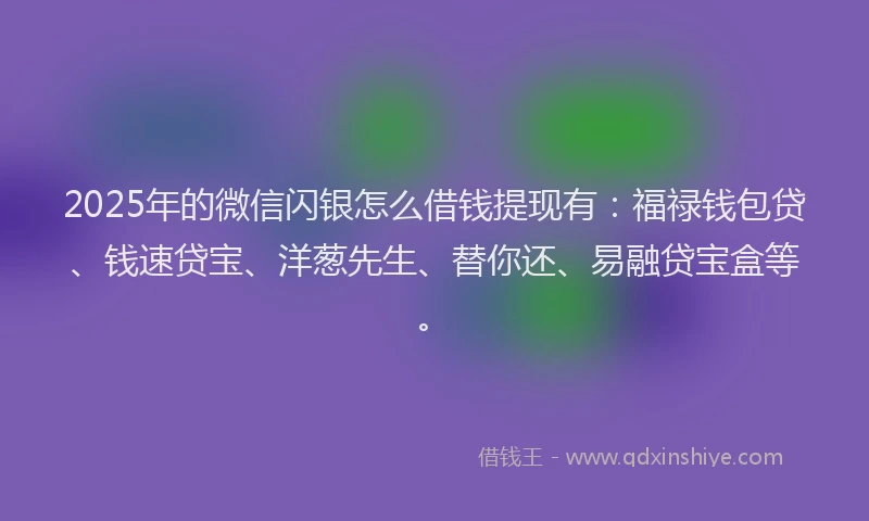 2025年的微信闪银怎么借钱提现有：福禄钱包贷、钱速贷宝、洋葱先生、替你还、易融贷宝盒等。