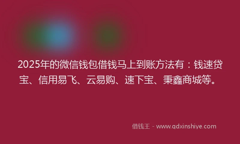 2025年的微信钱包借钱马上到账方法有：钱速贷宝、信用易飞、云易购、速下宝、秉鑫商城等。
