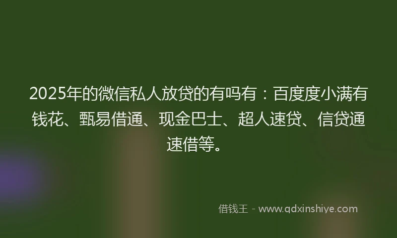 2025年的微信私人放贷的有吗有：百度度小满有钱花、甄易借通、现金巴士、超人速贷、信贷通速借等。