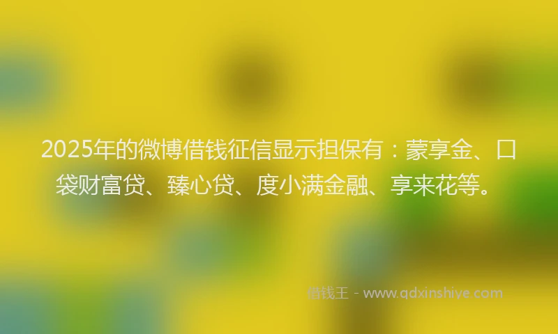 2025年的微博借钱征信显示担保有：蒙享金、口袋财富贷、臻心贷、度小满金融、享来花等。