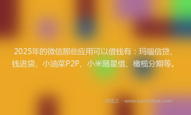 2025年的微信那些应用可以借钱有：玛瑙信贷、钱进袋、小油菜P2P、小米随星借、橄榄分期等。