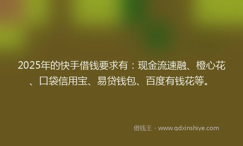 2025年的快手借钱要求有：现金流速融、橙心花、口袋信用宝、易贷钱包、百度有钱花等。