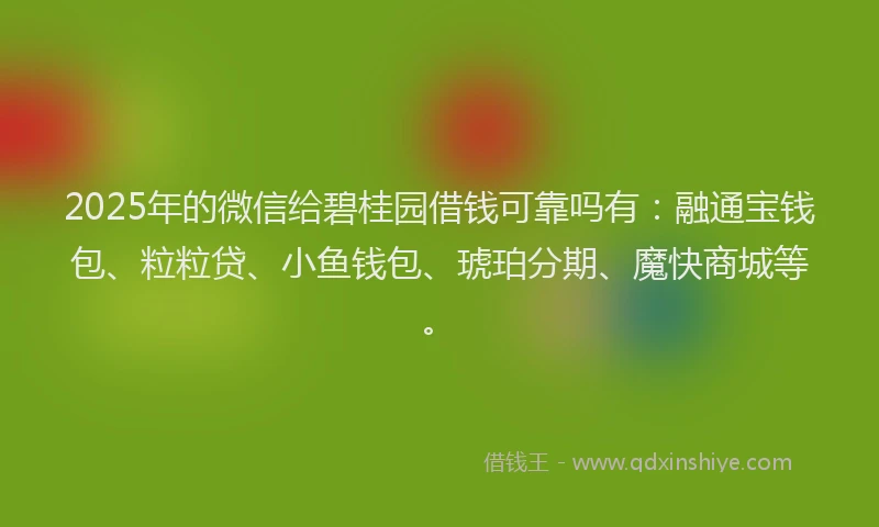 2025年的微信给碧桂园借钱可靠吗有：融通宝钱包、粒粒贷、小鱼钱包、琥珀分期、魔快商城等。