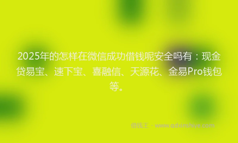 2025年的怎样在微信成功借钱呢安全吗有：现金贷易宝、速下宝、喜融信、天源花、金易Pro钱包等。