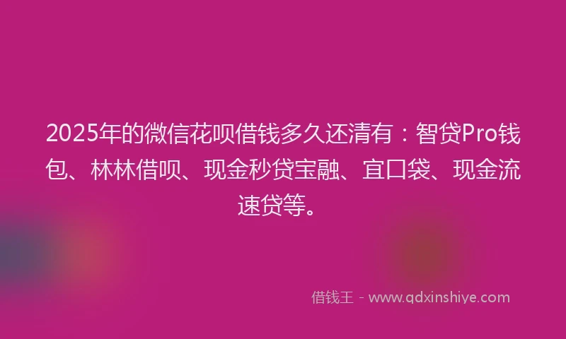 2025年的微信花呗借钱多久还清有：智贷Pro钱包、林林借呗、现金秒贷宝融、宜口袋、现金流速贷等。