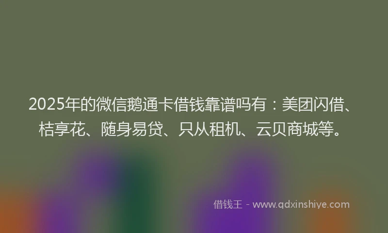 2025年的微信鹅通卡借钱靠谱吗有：美团闪借、桔享花、随身易贷、只从租机、云贝商城等。