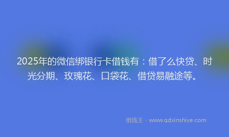 2025年的微信绑银行卡借钱有：借了么快贷、时光分期、玫瑰花、口袋花、借贷易融途等。