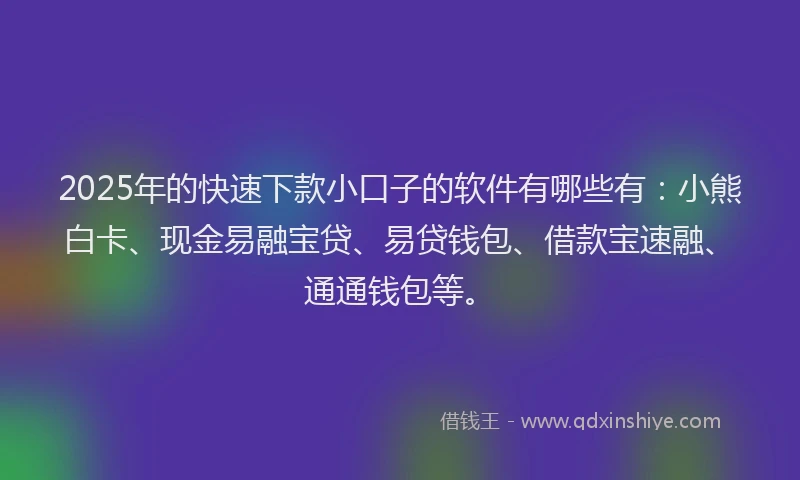 2025年的快速下款小口子的软件有哪些有：小熊白卡、现金易融宝贷、易贷钱包、借款宝速融、通通钱包等。