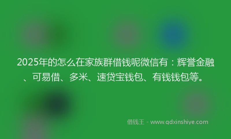 2025年的怎么在家族群借钱呢微信有：辉誉金融、可易借、多米、速贷宝钱包、有钱钱包等。