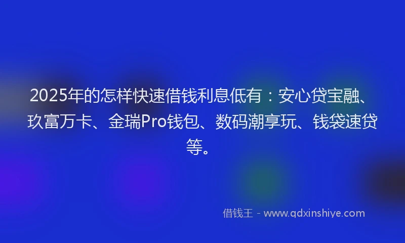 2025年的怎样快速借钱利息低有：安心贷宝融、玖富万卡、金瑞Pro钱包、数码潮享玩、钱袋速贷等。