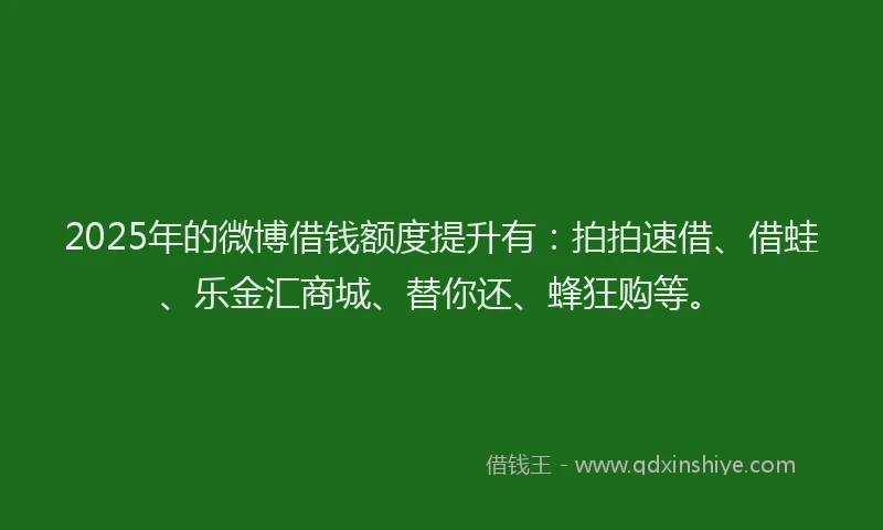 2025年的微博借钱额度提升有：拍拍速借、借蛙、乐金汇商城、替你还、蜂狂购等。
