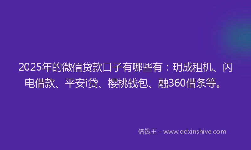 2025年的微信贷款口子有哪些有：玥成租机、闪电借款、平安i贷、樱桃钱包、融360借条等。