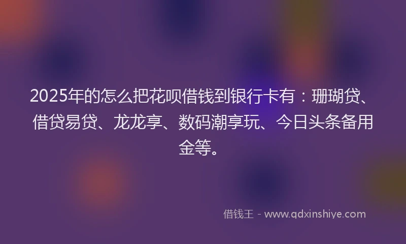 2025年的怎么把花呗借钱到银行卡有：珊瑚贷、借贷易贷、龙龙享、数码潮享玩、今日头条备用金等。