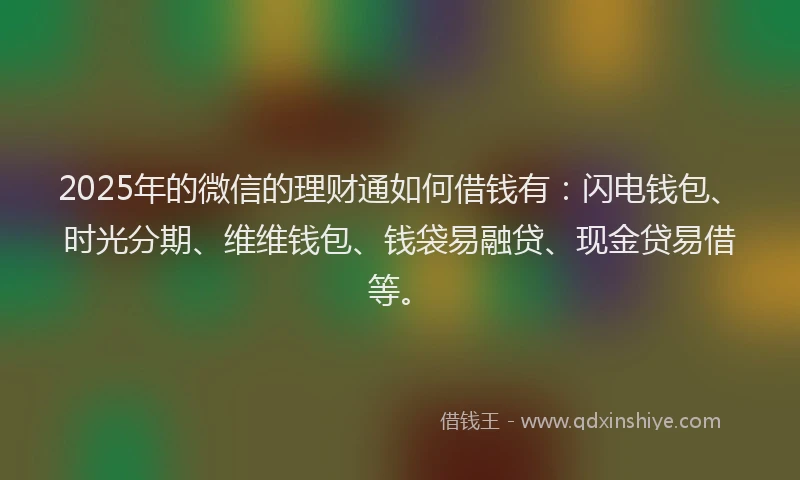 2025年的微信的理财通如何借钱有：闪电钱包、时光分期、维维钱包、钱袋易融贷、现金贷易借等。