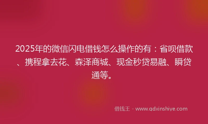 2025年的微信闪电借钱怎么操作的有：省呗借款、携程拿去花、森泽商城、现金秒贷易融、瞬贷通等。
