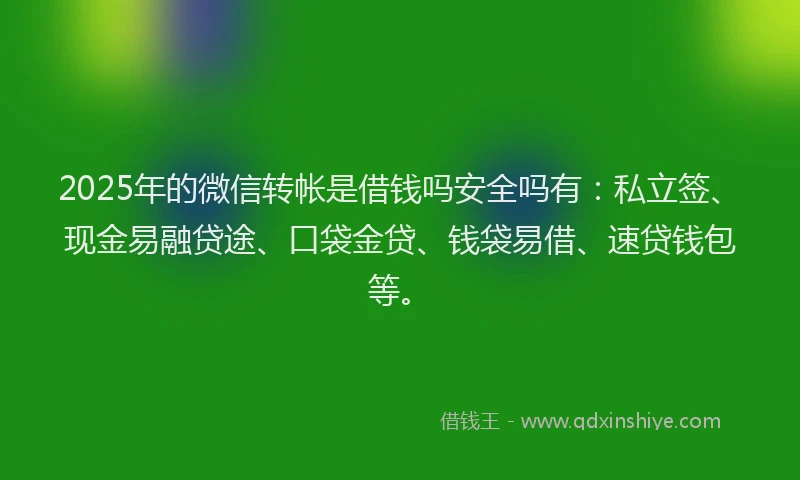 2025年的微信转帐是借钱吗安全吗有：私立签、现金易融贷途、口袋金贷、钱袋易借、速贷钱包等。