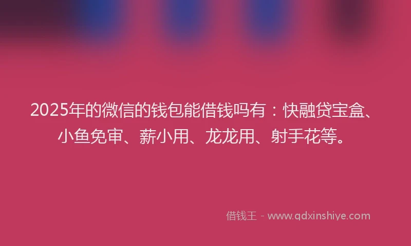 2025年的微信的钱包能借钱吗有：快融贷宝盒、小鱼免审、薪小用、龙龙用、射手花等。