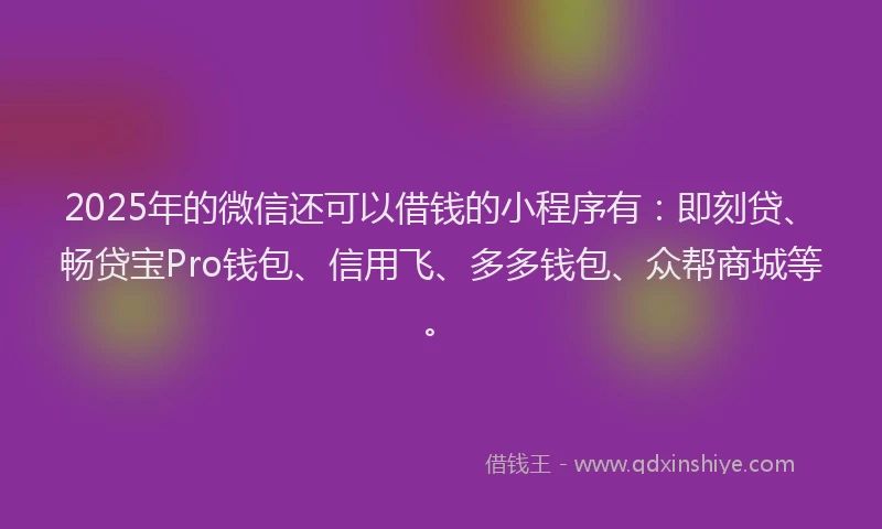 2025年的微信还可以借钱的小程序有：即刻贷、畅贷宝Pro钱包、信用飞、多多钱包、众帮商城等。