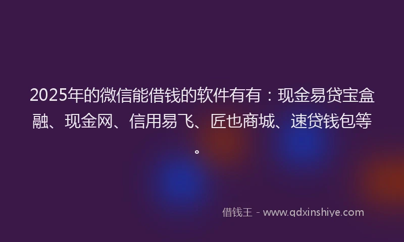 2025年的微信能借钱的软件有有：现金易贷宝盒融、现金网、信用易飞、匠也商城、速贷钱包等。