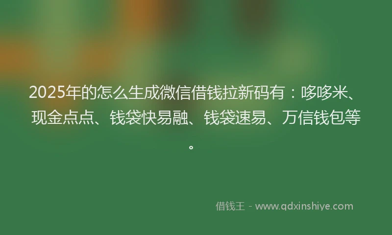 2025年的怎么生成微信借钱拉新码有：哆哆米、现金点点、钱袋快易融、钱袋速易、万信钱包等。