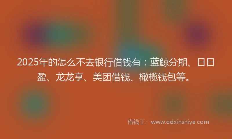 2025年的怎么不去银行借钱有：蓝鲸分期、日日盈、龙龙享、美团借钱、橄榄钱包等。