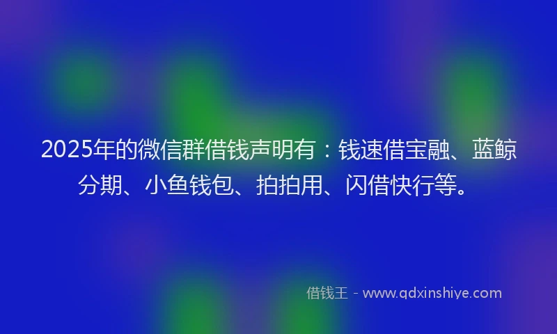 2025年的微信群借钱声明有：钱速借宝融、蓝鲸分期、小鱼钱包、拍拍用、闪借快行等。