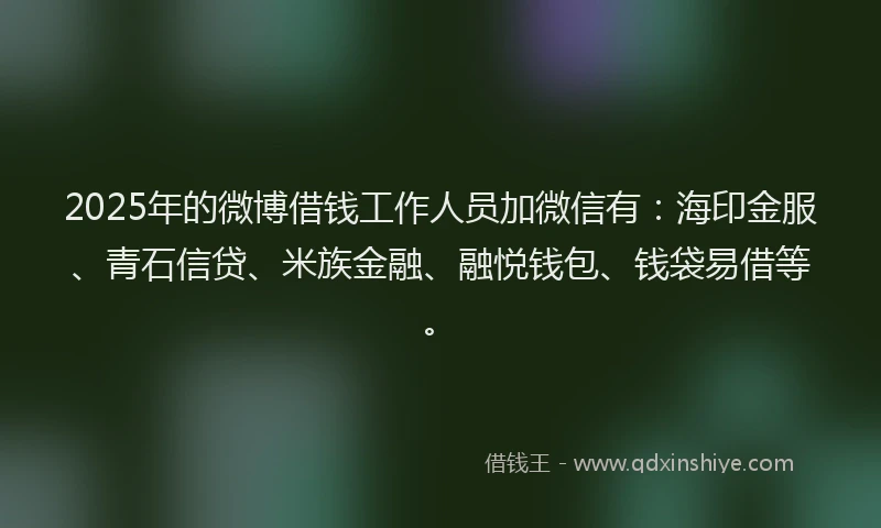 2025年的微博借钱工作人员加微信有：海印金服、青石信贷、米族金融、融悦钱包、钱袋易借等。