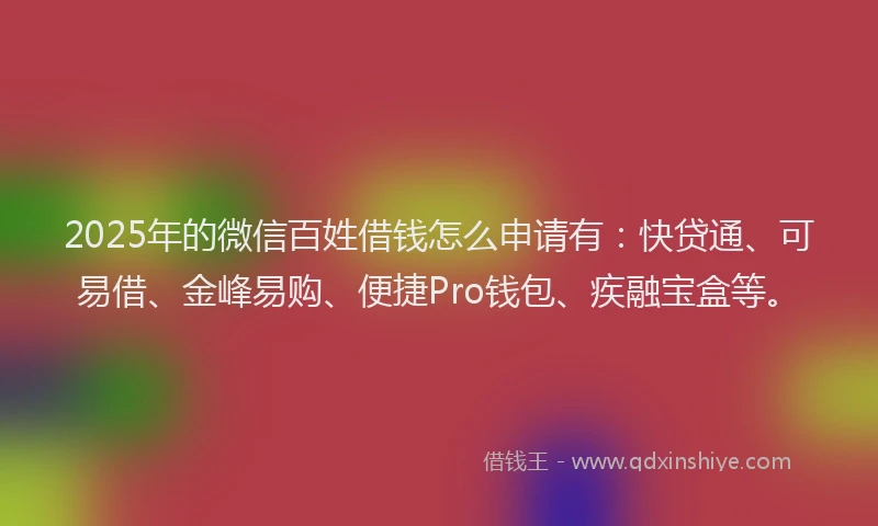 2025年的微信百姓借钱怎么申请有：快贷通、可易借、金峰易购、便捷Pro钱包、疾融宝盒等。