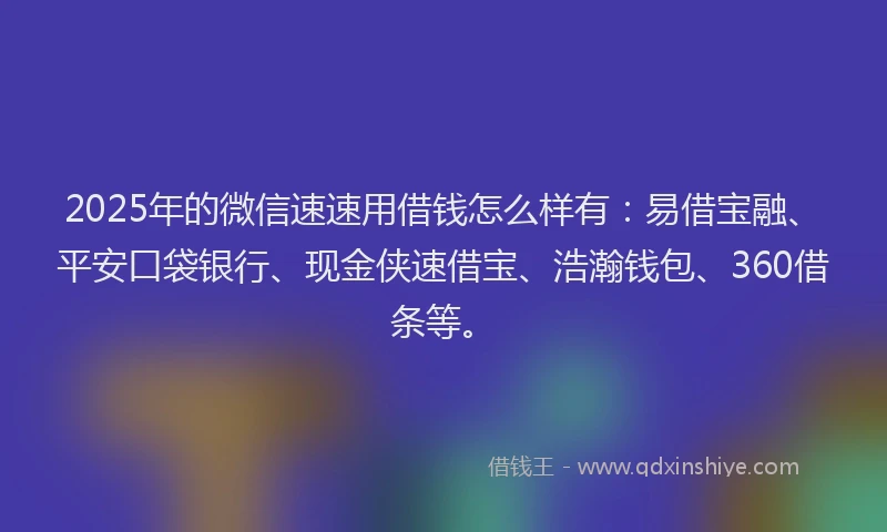 2025年的微信速速用借钱怎么样有：易借宝融、平安口袋银行、现金侠速借宝、浩瀚钱包、360借条等。