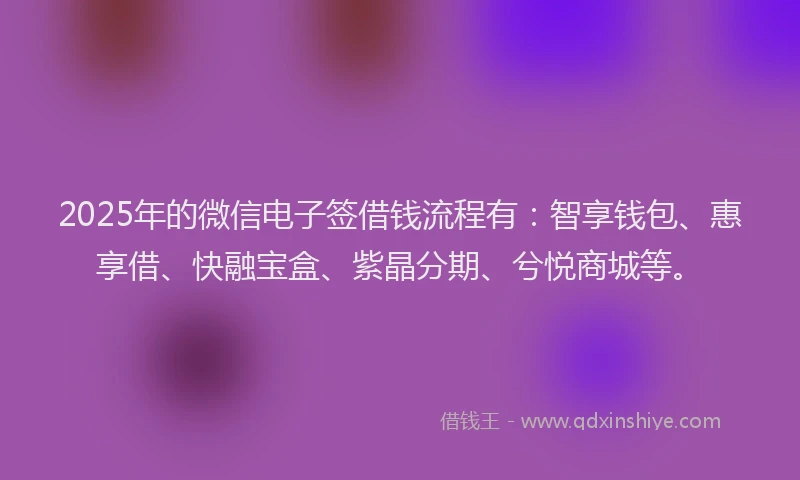 2025年的微信电子签借钱流程有：智享钱包、惠享借、快融宝盒、紫晶分期、兮悦商城等。