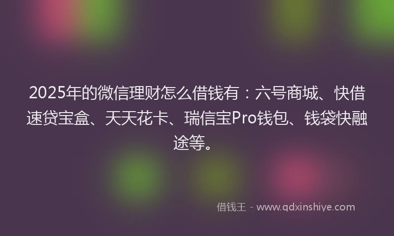 2025年的微信理财怎么借钱有：六号商城、快借速贷宝盒、天天花卡、瑞信宝Pro钱包、钱袋快融途等。