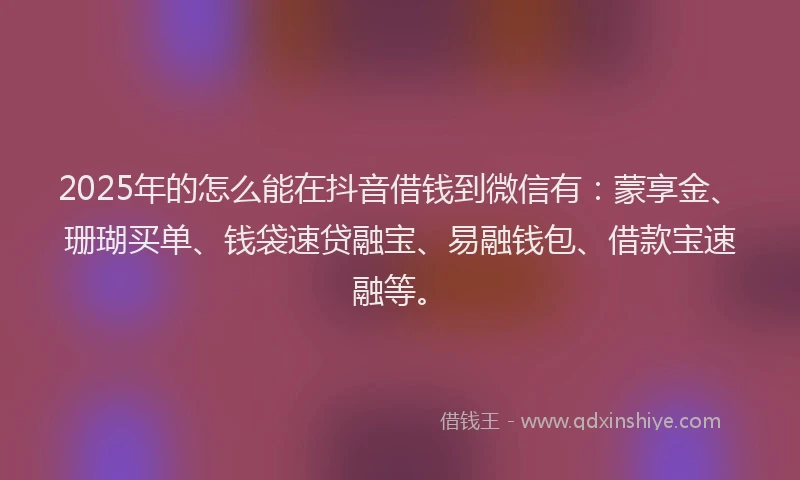 2025年的怎么能在抖音借钱到微信有：蒙享金、珊瑚买单、钱袋速贷融宝、易融钱包、借款宝速融等。