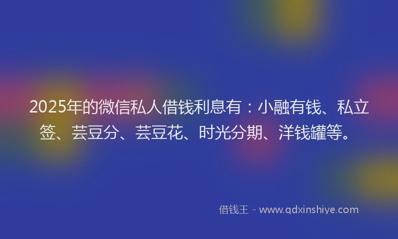 2025年的微信私人借钱利息有：小融有钱、私立签、芸豆分、芸豆花、时光分期、洋钱罐等。