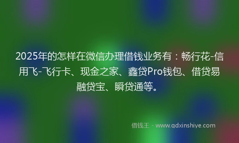 2025年的怎样在微信办理借钱业务有：畅行花-信用飞-飞行卡、现金之家、鑫贷Pro钱包、借贷易融贷宝、瞬贷通等。
