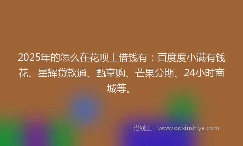 2025年的怎么在花呗上借钱有：百度度小满有钱花、星辉贷款通、甄享购、芒果分期、24小时商城等。
