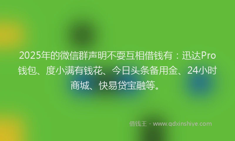 2025年的微信群声明不耍互相借钱有：迅达Pro钱包、度小满有钱花、今日头条备用金、24小时商城、快易贷宝融等。