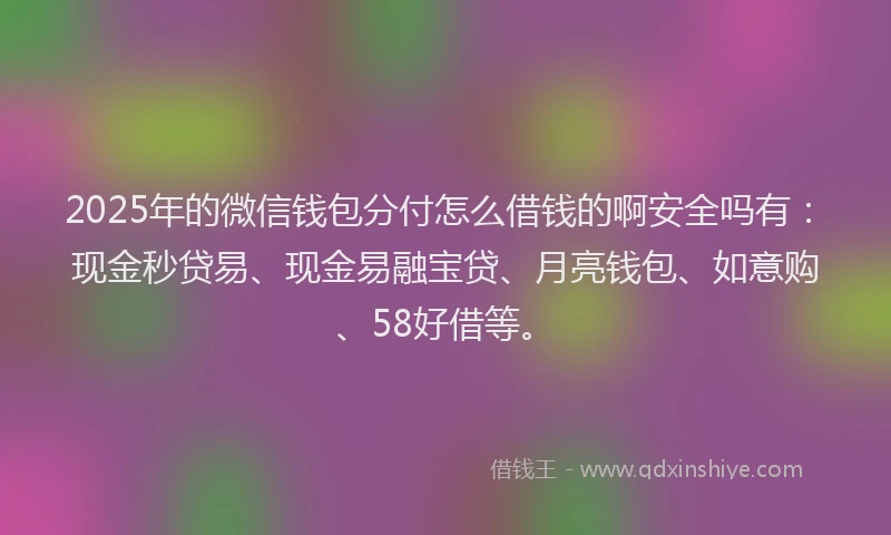 2025年的微信钱包分付怎么借钱的啊安全吗有：现金秒贷易、现金易融宝贷、月亮钱包、如意购、58好借等。