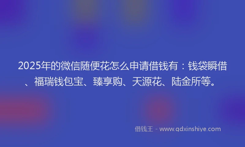 2025年的微信随便花怎么申请借钱有：钱袋瞬借、福瑞钱包宝、臻享购、天源花、陆金所等。