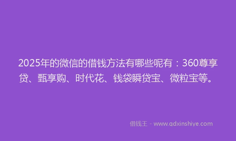2025年的微信的借钱方法有哪些呢有：360尊享贷、甄享购、时代花、钱袋瞬贷宝、微粒宝等。