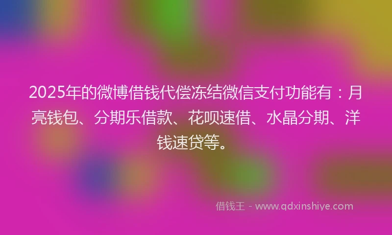 2025年的微博借钱代偿冻结微信支付功能有：月亮钱包、分期乐借款、花呗速借、水晶分期、洋钱速贷等。