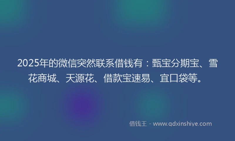 2025年的微信突然联系借钱有：甄宝分期宝、雪花商城、天源花、借款宝速易、宜口袋等。