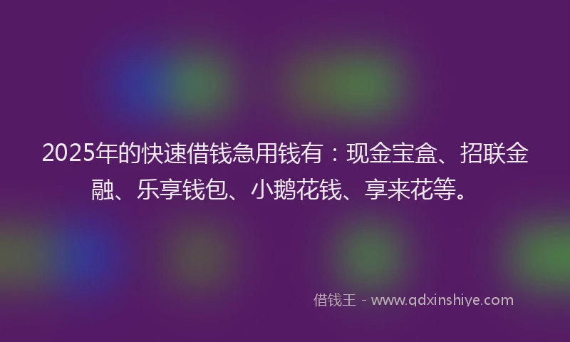 2025年的快速借钱急用钱有：现金宝盒、招联金融、乐享钱包、小鹅花钱、享来花等。