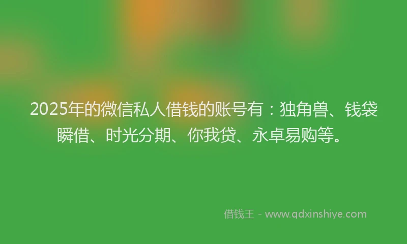 2025年的微信私人借钱的账号有：独角兽、钱袋瞬借、时光分期、你我贷、永卓易购等。