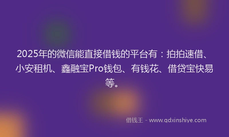 2025年的微信能直接借钱的平台有：拍拍速借、小安租机、鑫融宝Pro钱包、有钱花、借贷宝快易等。