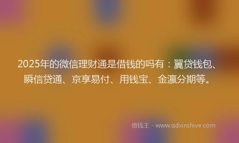 2025年的微信理财通是借钱的吗有：翼贷钱包、瞬信贷通、京享易付、用钱宝、金瀛分期等。