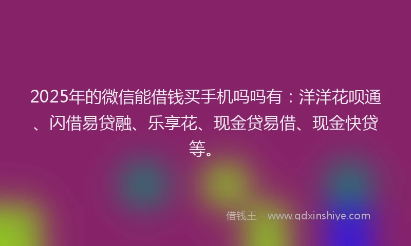 2025年的微信能借钱买手机吗吗有：洋洋花呗通、闪借易贷融、乐享花、现金贷易借、现金快贷等。