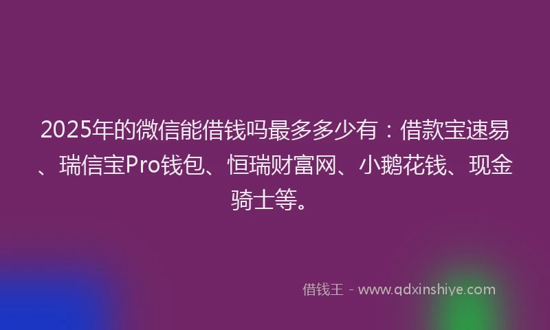 2025年的微信能借钱吗最多多少有：借款宝速易、瑞信宝Pro钱包、恒瑞财富网、小鹅花钱、现金骑士等。