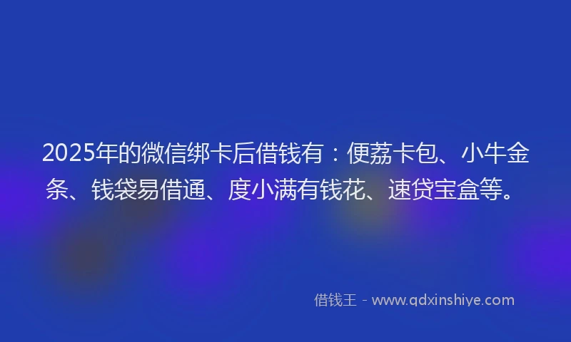 2025年的微信绑卡后借钱有：便荔卡包、小牛金条、钱袋易借通、度小满有钱花、速贷宝盒等。