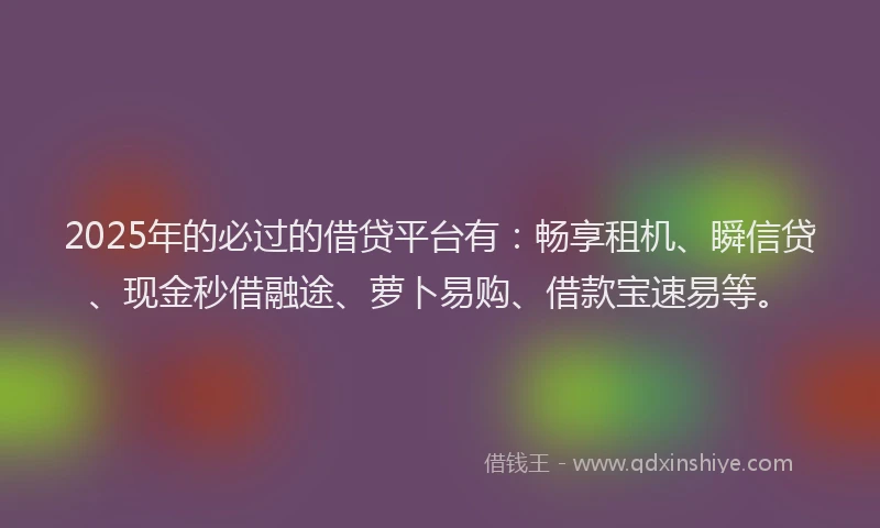 2025年的必过的借贷平台有：畅享租机、瞬信贷、现金秒借融途、萝卜易购、借款宝速易等。