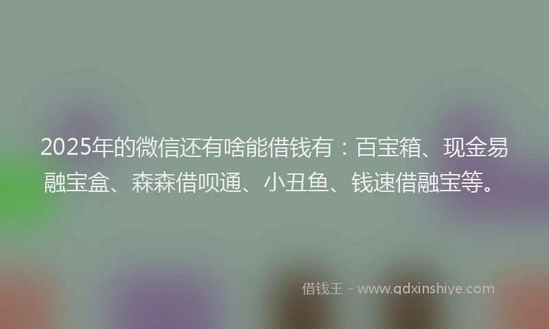 2025年的微信还有啥能借钱有：百宝箱、现金易融宝盒、森森借呗通、小丑鱼、钱速借融宝等。